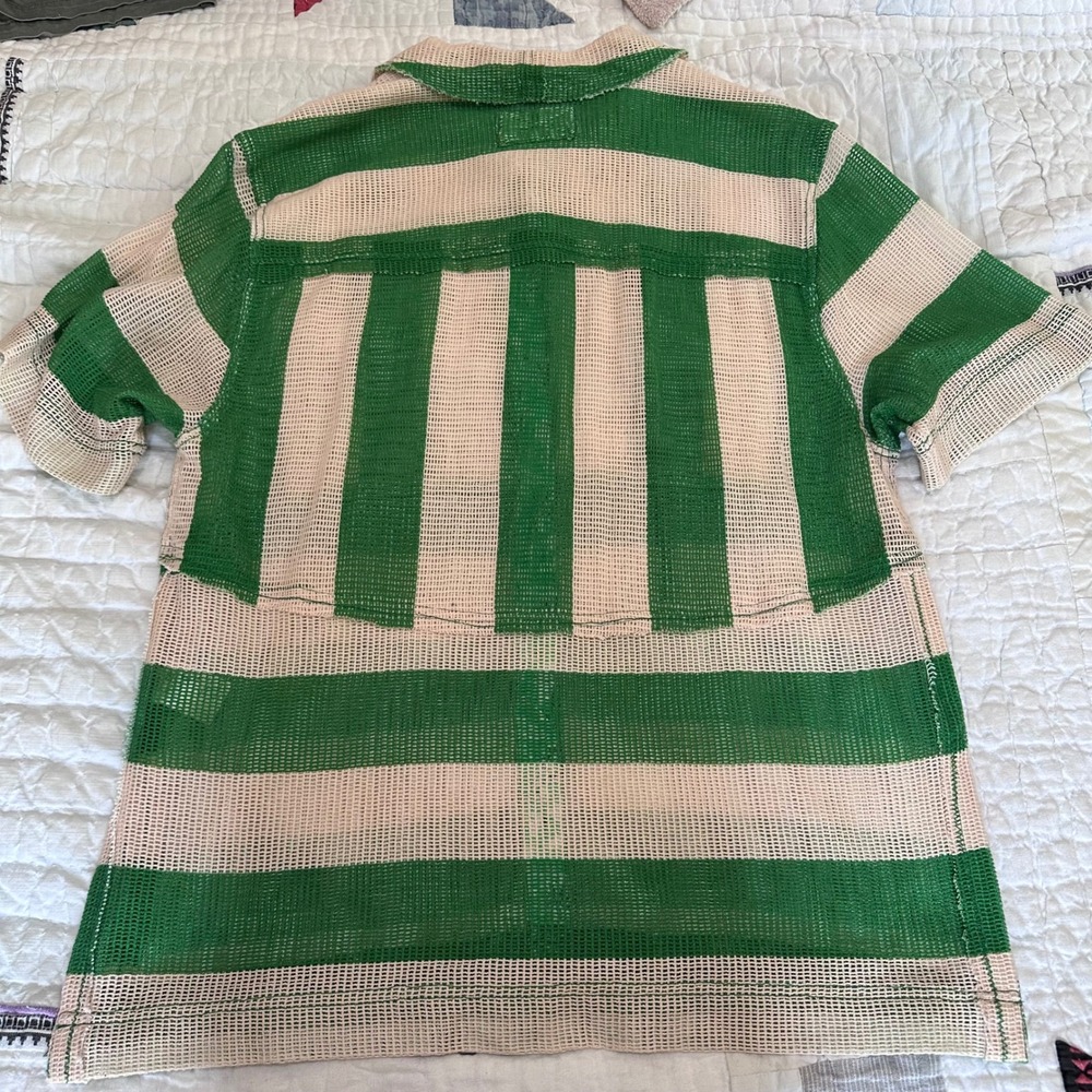 We The Free Short Sleeve Button Down Shirt Green Cream Striped Mesh Small - Picture 4 of 4